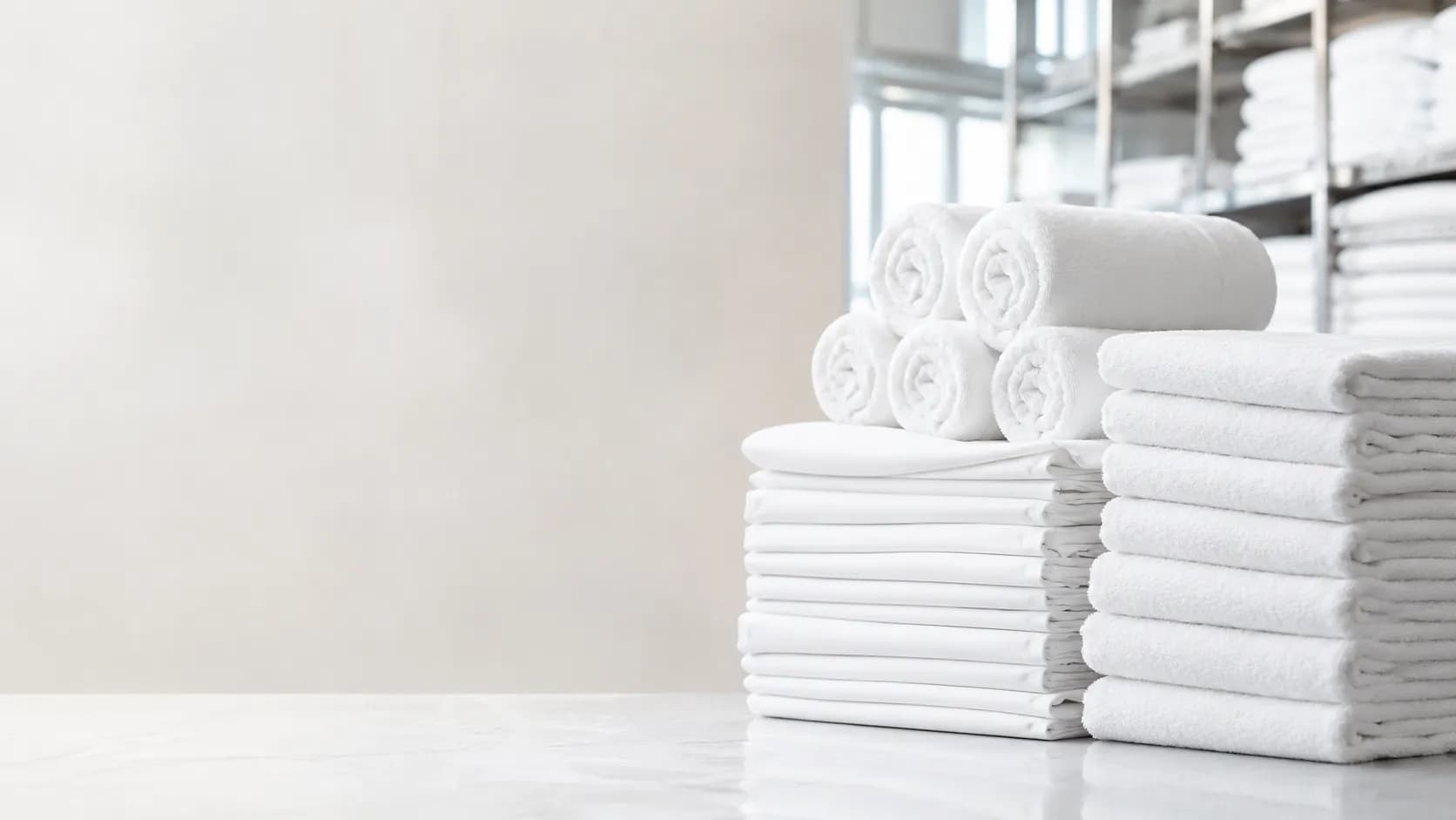 Crisp white hospitality towels and linen stacked neatly