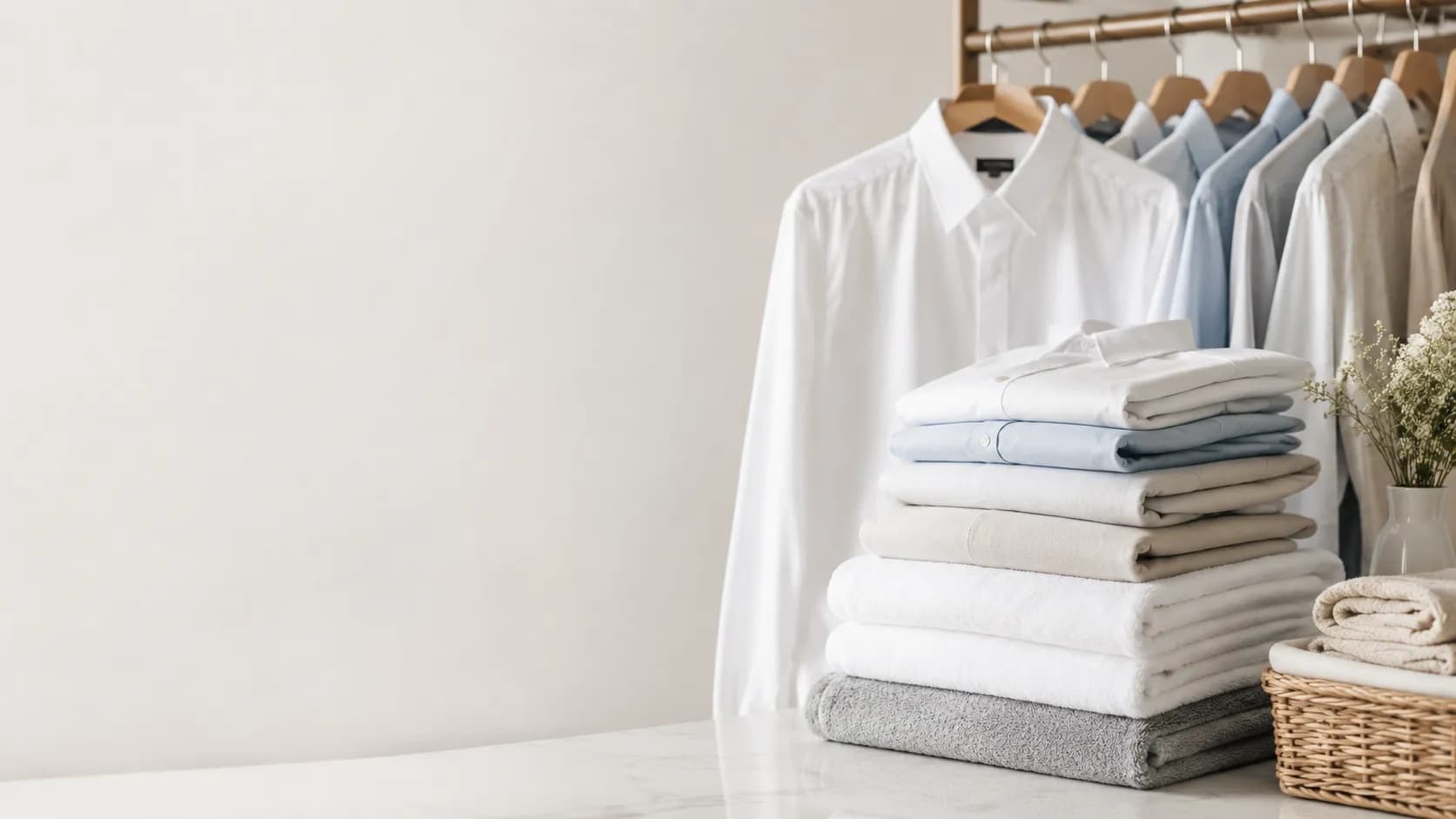 Freshly pressed shirts on hangers and neatly folded laundry