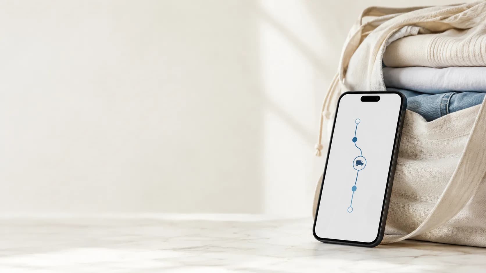 A phone showing an order-tracking timeline beside a packed laundry bag